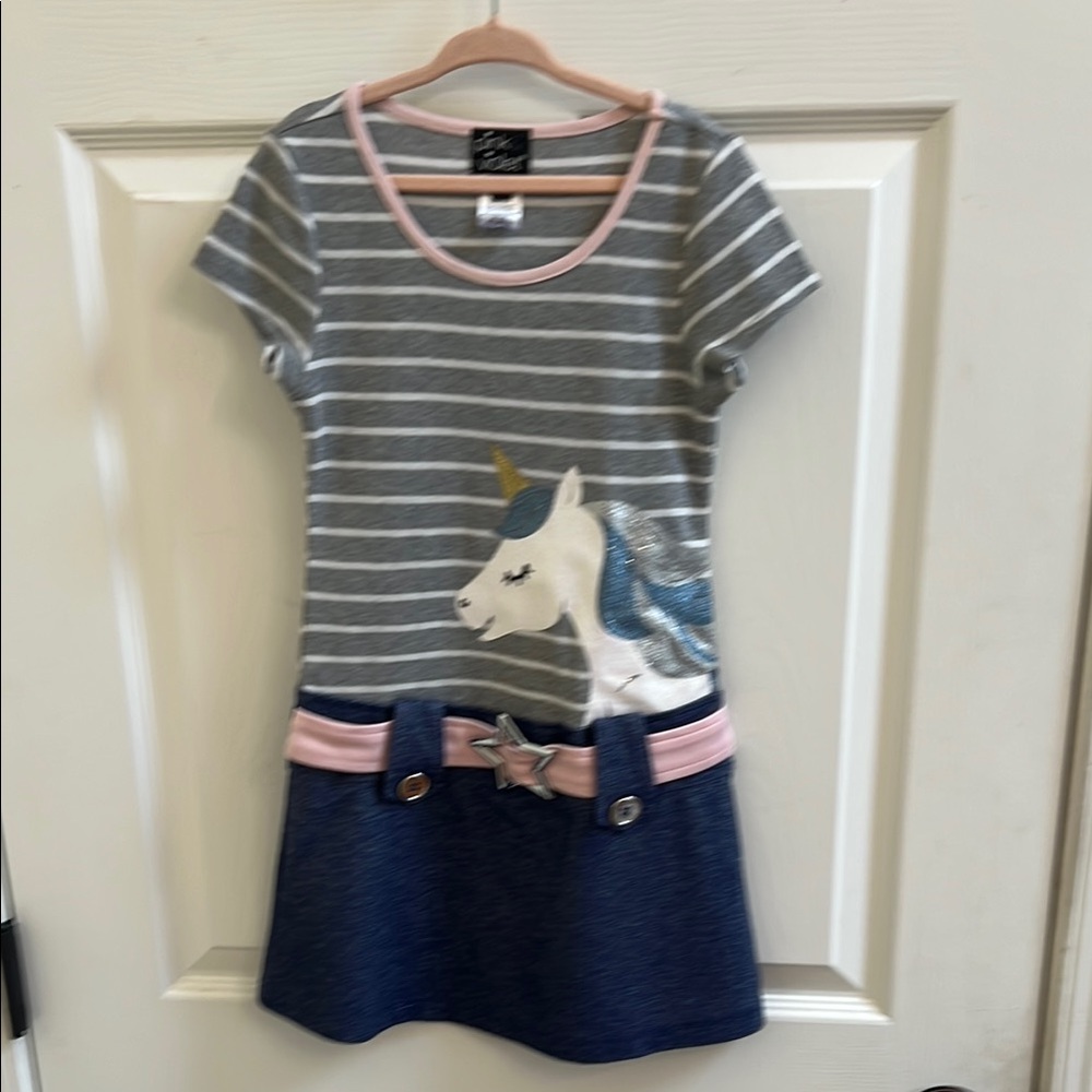 Kids Unicorn Striped Dress - Gray and Blue